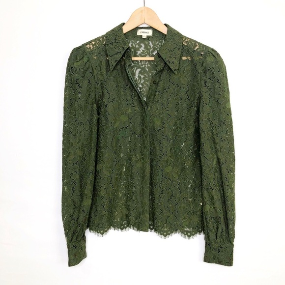 L’AGENCE Olive green, sheer lace, button-down puff sleeve shirt - Picture 2 of 12